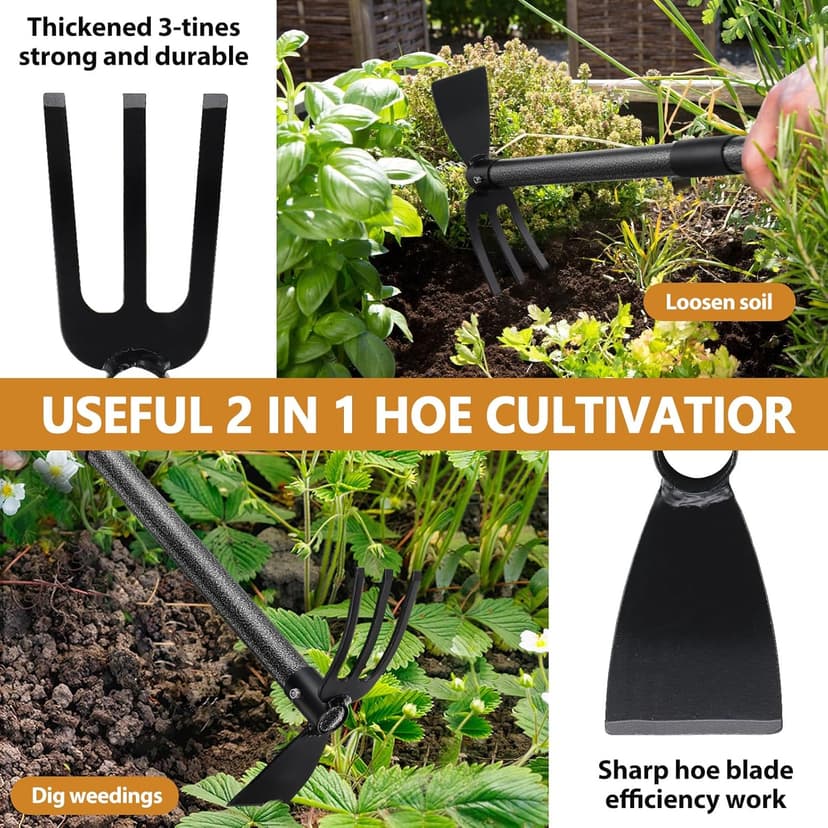 Garden Hoe Tool, 2-in-1 Heavy Duty Dual-Head Weeding Tool, 45" Adjustable Long Handle Cultivator for Weeding, Tilling, Lawn Yard Flower Bed Gardening Tool