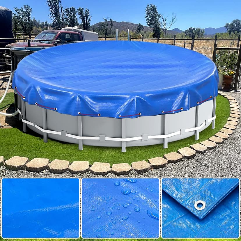 LXKCKJ 24 Ft Round Pool Cover, Winter Pool Covers for Large Above Ground Pools, Extra Thick PE Pool Cover Add Ground Nail Set and Specially Molded Winch Ideal for Waterproof and Dustproof (Blue)