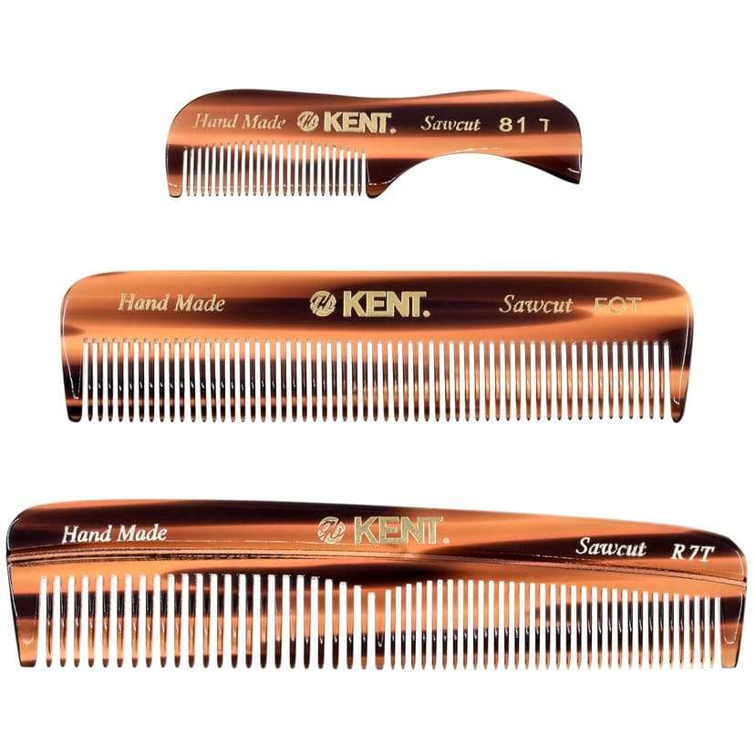 KENT Set Men's Hair Pocket Combs, Tortoise 81T X-Small, FOT All Fine Tooth, R7t Double Toothed Fine and Coarse. Best Hair, Beard and Mustache Grooming Kit for Travel and Home Care, Handmade in England
