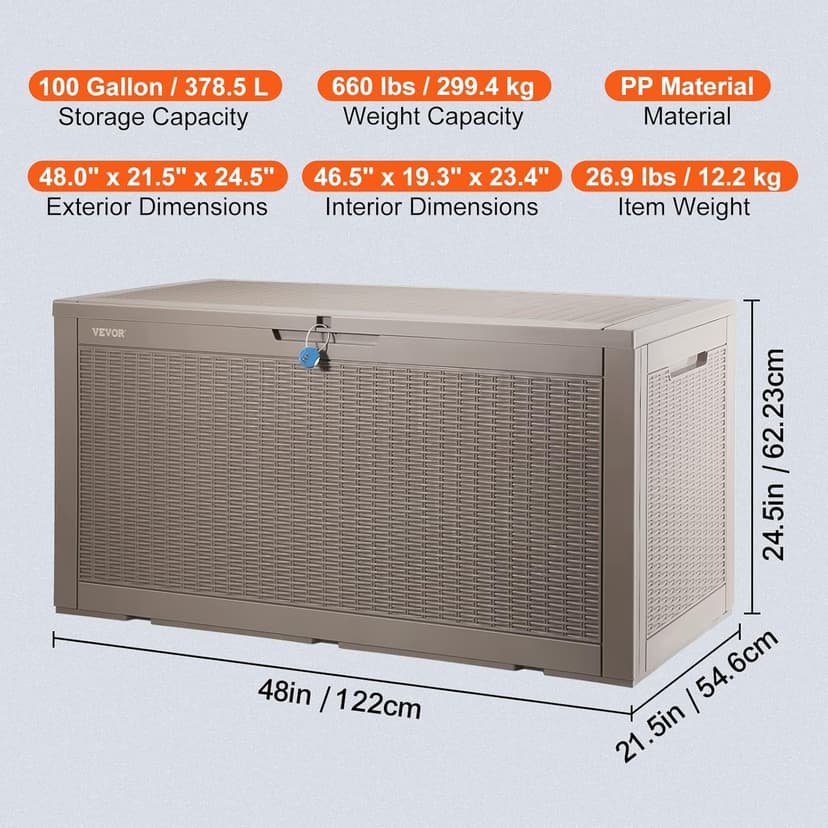 VEVOR Deck Box, 100 Gallon Outdoor Storage Box, 48.0" x 21.5" x 24.5", Waterproof PP Deckbox with Aluminum Alloy Padlock, for Patio Furniture, Garden Tools, Outdoor Cushions, Gray