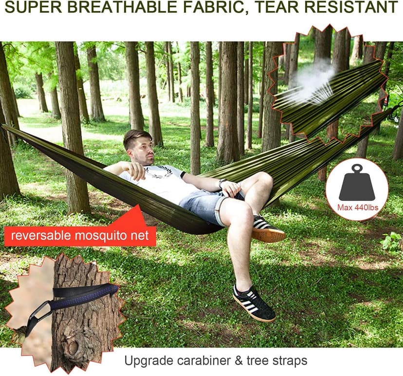 Camping Hammock with Rain Fly Tarp and Mosquito Net Portable Single Double Hammock Tent with Tree Strap Backpacking Hammock with Rain Cover for Hiking Travel Yard Activities Green