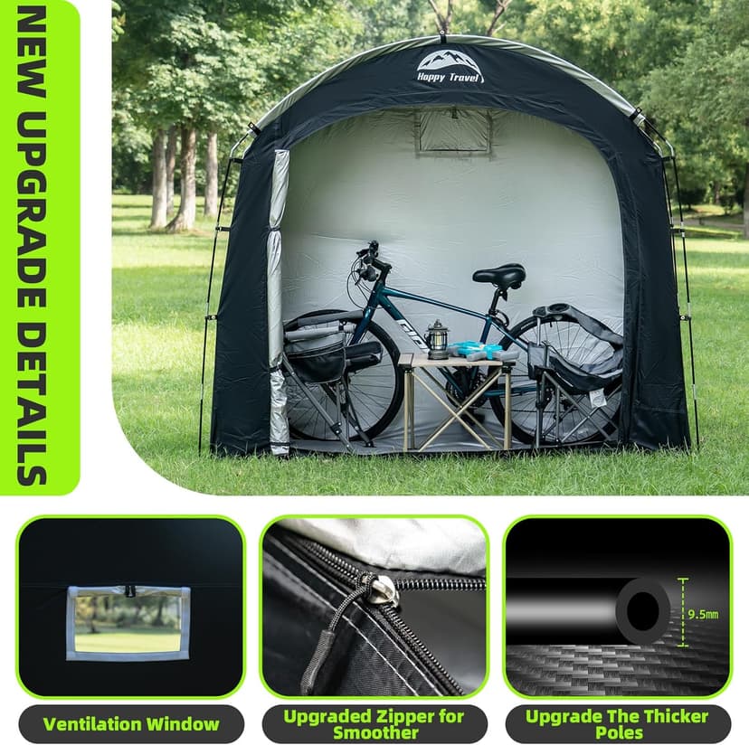 Happy Travel Bike Storage Tent Shed,Large Outdoor Waterproof Bicycle Covers Shelter with Window for 2/3 Bikes,Oversized Outside Portable Sheds for Lawn Mower,Garden Tools (Black)
