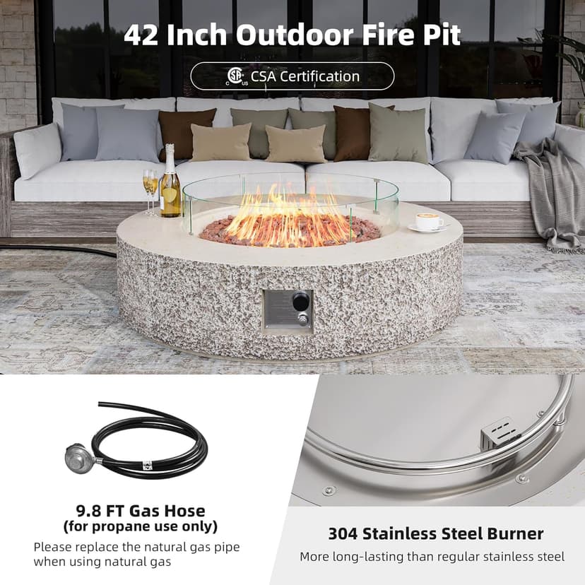UPHA 42-inch Outdoor Propane Gas Fire Pit Table 50000 BTU Concrete Rectangle FirePit for Outside Patio with Propane Tank Cover, Wind Guad, Lava Rocks, Rain Cover, Beige Texture