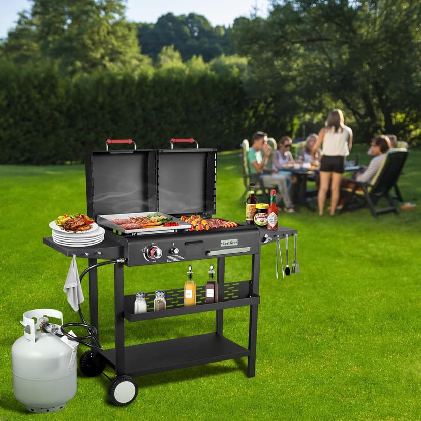 Bestfire Dual Fuel Propane Gas Charcoal Grill Combo Black Dual Lids, Flat Top Grill With 2 Side Shelves for BBQ, Outdoor and Backyard Cooking
