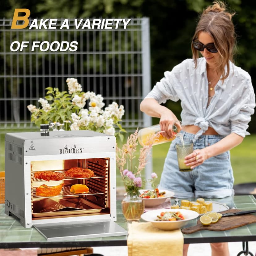 BIG HORN OUTDOORS Infrared Portable Propane Grill – 1500°F Steak Broiler, Sear Station with Pizza Stone, Salamander BBQ Grill, Small Stainless Steel Gas Grill