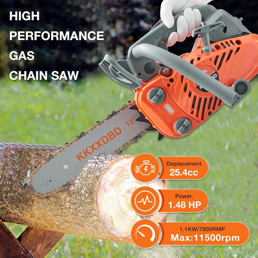 Lightweight 12 Inch Gas Powered Chainsaw - 25.4CC Top Handle Chainsaw for Efficient Wood Cutting, Tree Pruning & Firewood Preparation, Anti-Vibration Design, Easy Start & Safe Operation