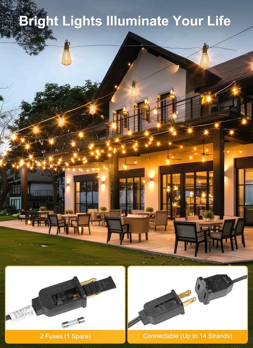 Brightown Outdoor String Lights 100FT Patio Outside Hanging Lights with 52 Shatterproof ST38 Dimmable Vintage Waterproof Edison Bulbs for Backyard Deck Garden Party Xmas Decor, 2700K