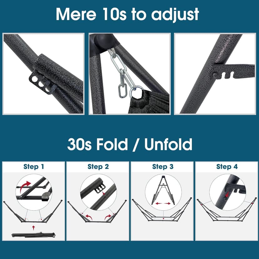 Tranquillo 600 lbs Capacity Adjustable Hammock Stand, Collapsible Camping Hammock and Stand, Steel Double Hammock Stand for 2 Persons, Portable Everywhere Easy Assembly Non-Slip and Noise-Free, Black