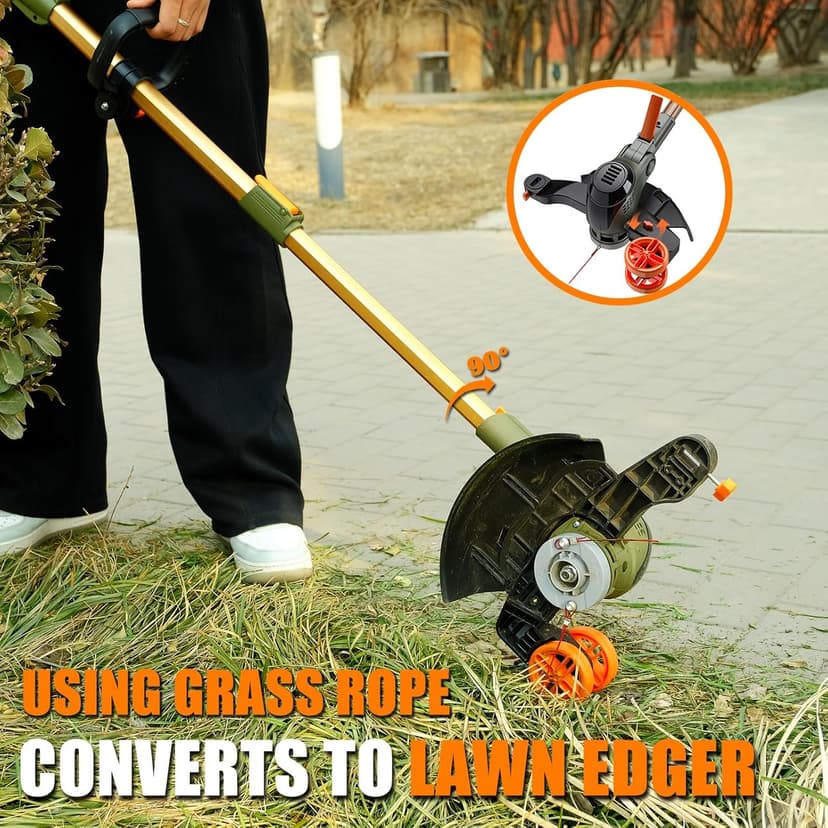 12-Inch Cordless String Trimmer & Edger, (2 x 21V 4.0Ah Electric Brush Cutter Battery Powered), with Auxiliary Bracket, Side Ball, 90° Rotary Head, Telescopic Handle, 3 Cutting Methods(WEG21T)
