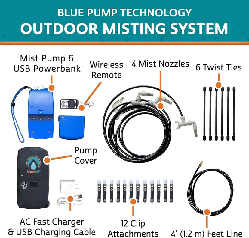 EXTREMEMIST Portable Misting System - 4 Mist Nozzles | Easy to Setup | 16 ft. Mist Line for Outdoor Patios, Golf Carts, Greenhouses, Canopy, Decks & More - Cools The air up to 30°F (17°C)!