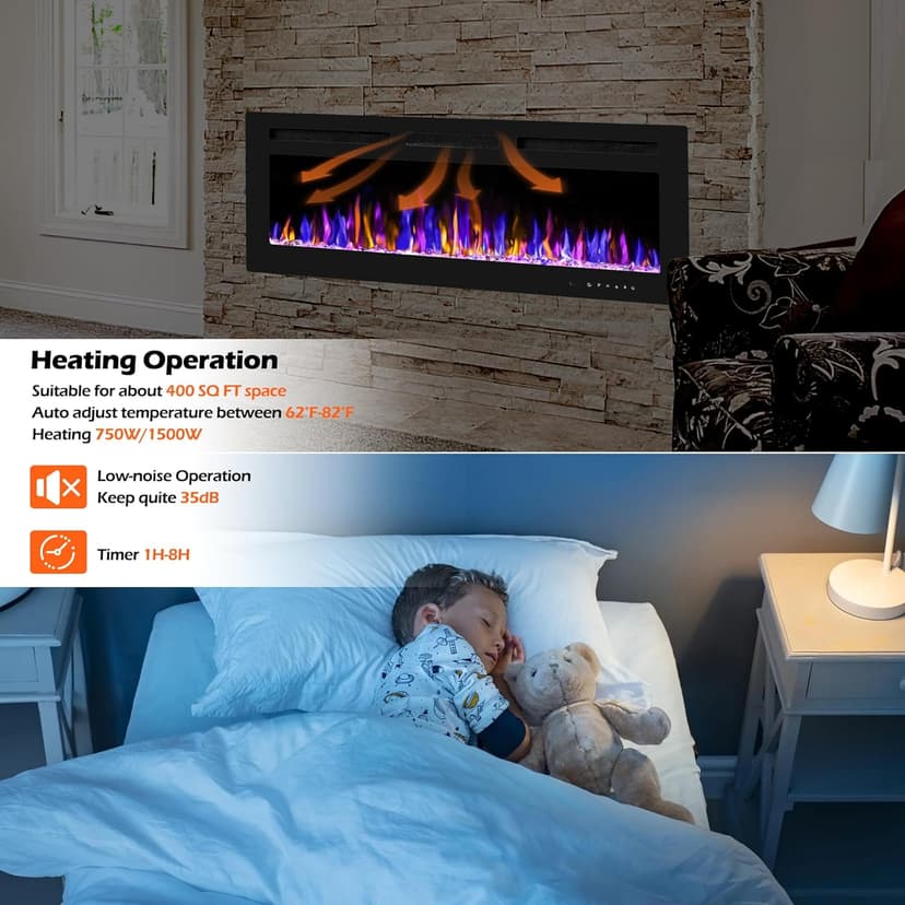 50" Electric Fireplace Wall Mounted and Recessed with Remote Control, 750/1500W Ultra-Thin Wall Fireplace Heater W/Timer Adjustable Flame Color and Brightness, Log Set & Crystal Options