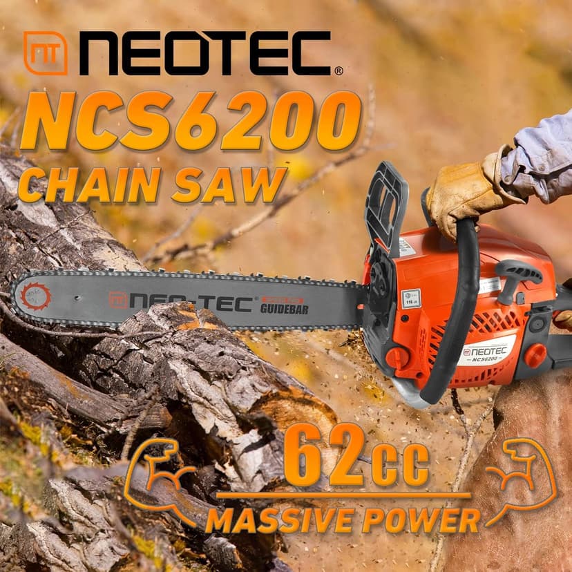 NEOTEC 20 Inch Chainsaw, 62CC Power Chain Saws Gas Powered 2 Stroke Handed Petrol Gasoline Chain Saw for Cutting Wood Outdoor Garden Farm Home