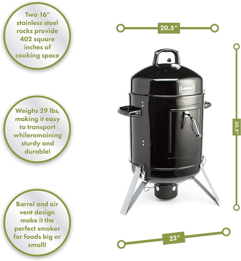 Cuisinart 16” Vertical Charcoal Smoker, Integrated Thermometer, Water Bowl and Dual Vents Perfect for Smoked Brisket, Chrome Plated Grates Smoker Grill for BBQ, Camping, Tailgates