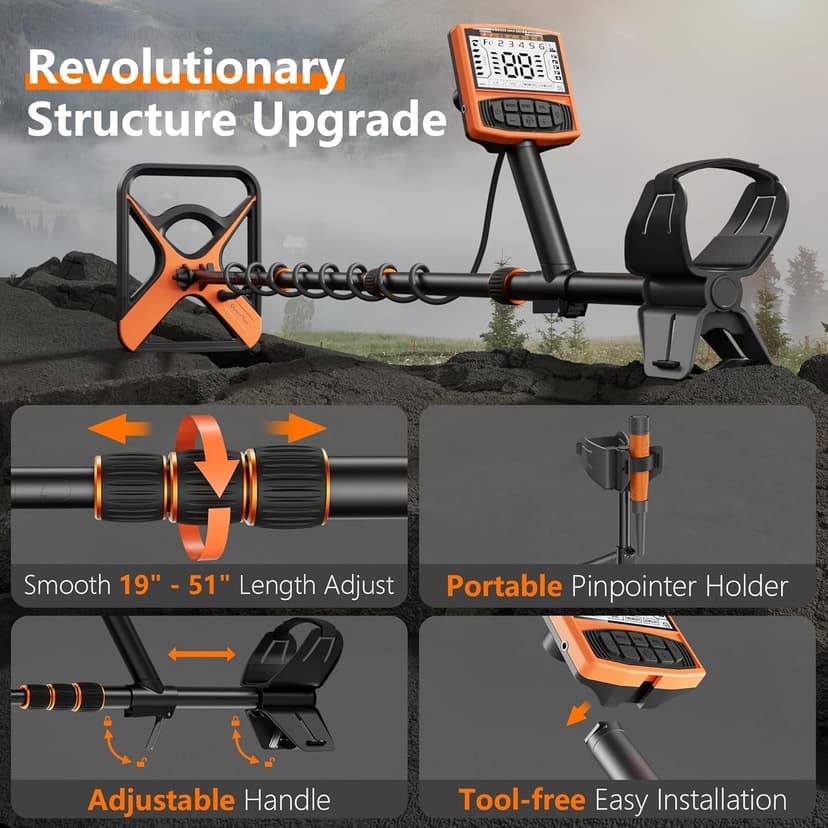 Metal Detector for Adults Rechargeable, 11" Professional Metal Detector for Gold & Silver, High Accuracy Waterproof Design with 5 Modes, 4000 mAh Lithium Battery, Easy to Use, M55, Orange