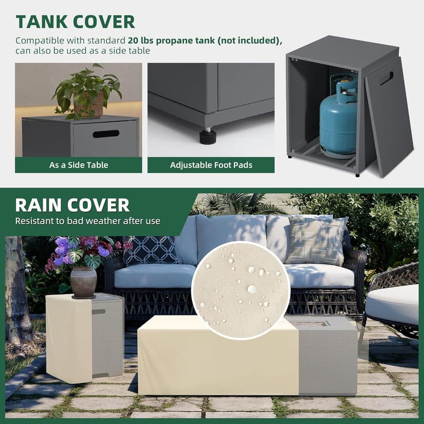 UPHA 42-inch Outdoor Propane Gas Fire Pit Table 50000 BTU Iron Rectangle FirePit for Outside Patio with Tank Hidden Table, Removable Lid, Lava Rocks, Rain Cover, Grey