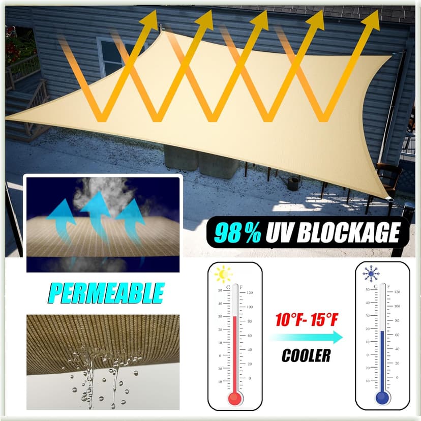 Amgo 14'x14' Beige Square Sun Shade Sail Canopy Awning, UPF50+ AGTAPS14, 95% UV Blockage, Water & Air Permeable, Commercial and Residential, 3 Years Warranty (We Make Custom Size)