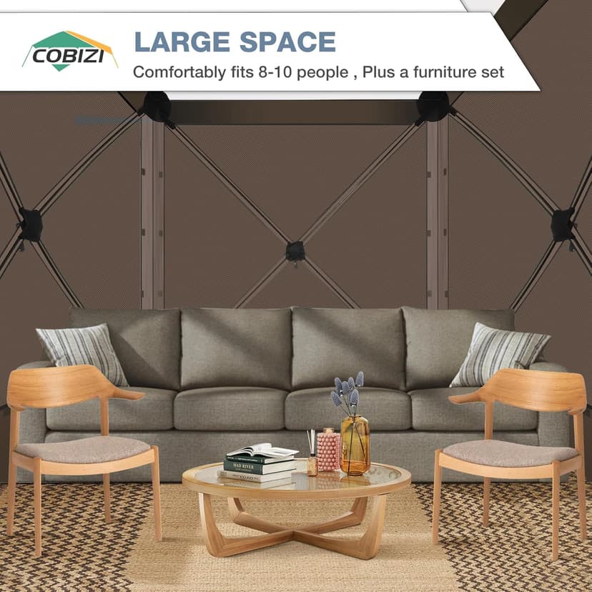 COBIZI Pop Up Gazebo Screen Tent Screen House for Camping, 8FTx8FT Screen Room with Sidewalls and Mosquito Netting, Hub Tent Instant Screened Canopy with Carrying Bag and Ground Stakes, Brown