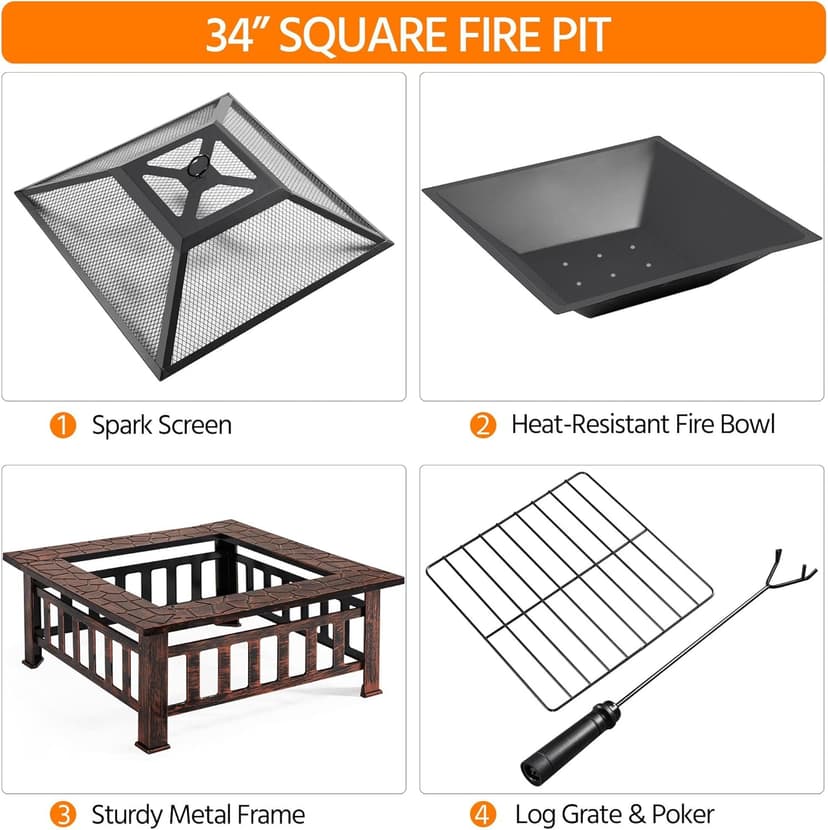 Yaheetech Fire Pit 34in Outdoor Fire Pits Fireplace Heater Stove with Screen, Waterproof Cover & Poker for BBQ Patio Bonfire
