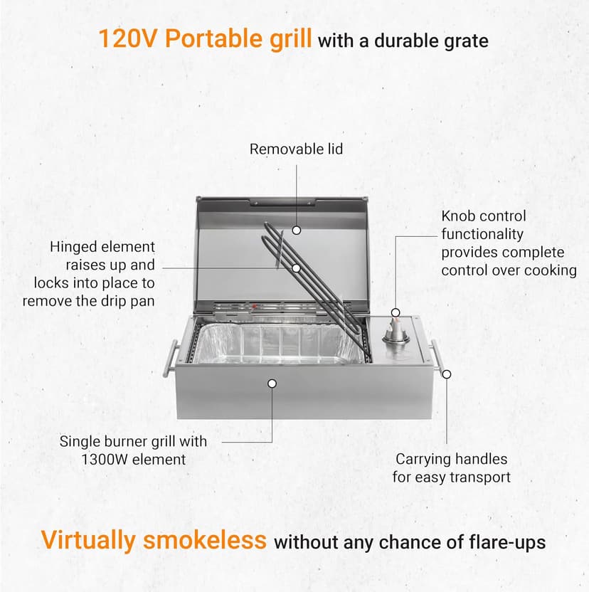 KENYON B70200 City Grill, Portable Grill, Stainless Steel, Single Burner, Knob Control, Faceted Lid, UL Approved For Use Indoors And Outdoors, Flame-Free, 120V