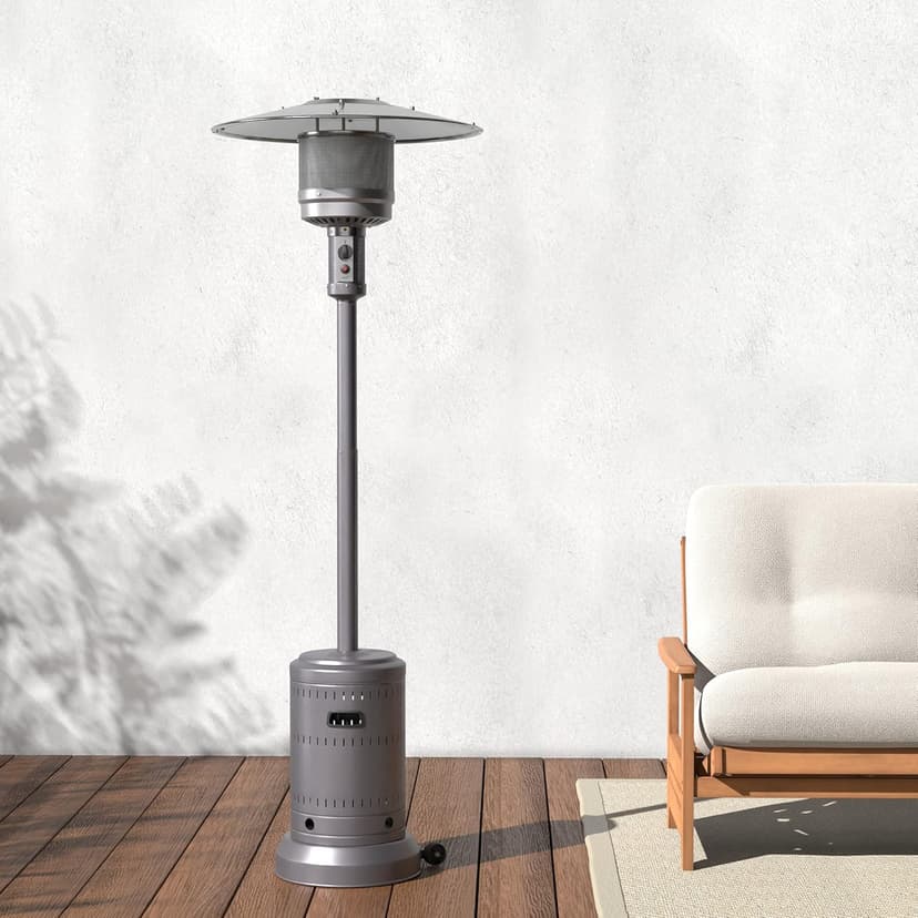 Amazon Basics 46,000 BTU Outdoor Propane Patio Heater with Wheels, Commercial & Residential, Slate Gray, with water tank, 32.1 x 32.1 x 91.3 inches (LxWxH)