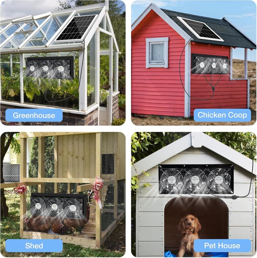 Solar 3 Fan Kit, 25W Solar Panel Powered Exhaust Fan for Outdoor Chicken Coop, Greenhouse & Shed, Intake or Exhaust Air for Cooling, IP67 Waterproof, 3500RPM, 15 FT Long Cord