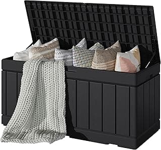 Devoko 80 Gallon Deck Box, Waterproof Resin Outdoor Storage Box for Outside and Patio, Outdoor Storage Bench Lockable for Patio Furniture, Garden Tools and Pool Supplies (Black, 80 Gallon)