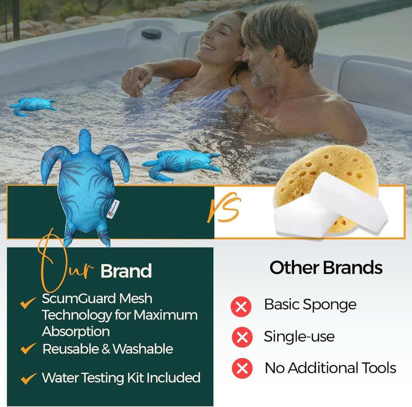 Hot Tub Scum Absorber Turtle ScumGuard Mesh - 2-Pack Oil & Scum Absorber for Spa, Hot Tub & Pool - Keeps Water Clear - Includes 100 x Hot Tub Test Strips & 2 Washable Turtle Absorbers