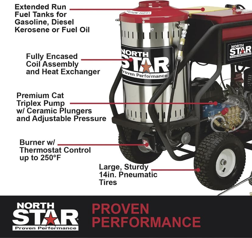 North Star Hot Water & Wet Steam Pressure Washer with Power Nozzles, Lance, Washing Gun, and Hose - Gas Powered, 3000 PSI, 4 GPM, Electric Start Honda Engine