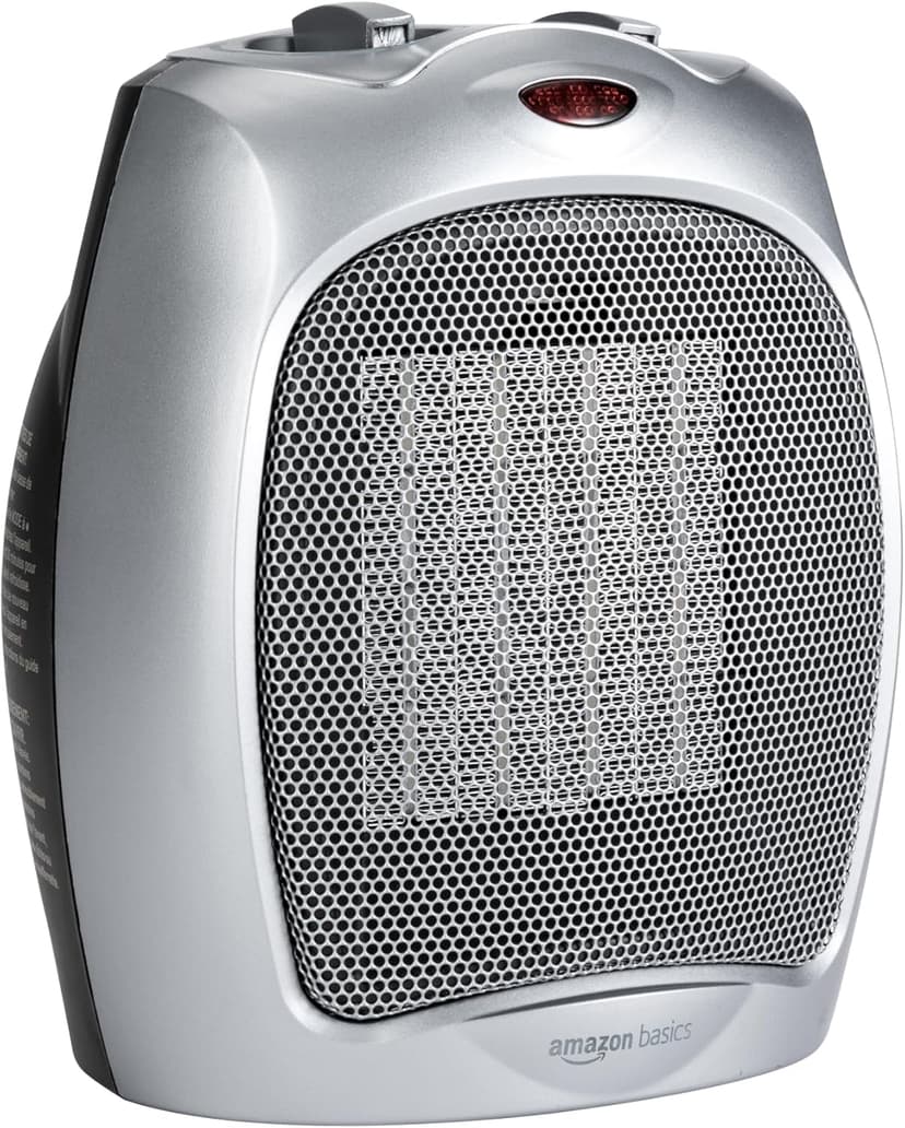 Amazon Basics Ceramic Space Heater, Portable Heater for Indoor Use, for Office and Home, With Overheat and Tip-Over Protection, Thermostat, Non-Oscillating, 1500W, Silver, 7.52"D x 6.34"W x 9.45"H