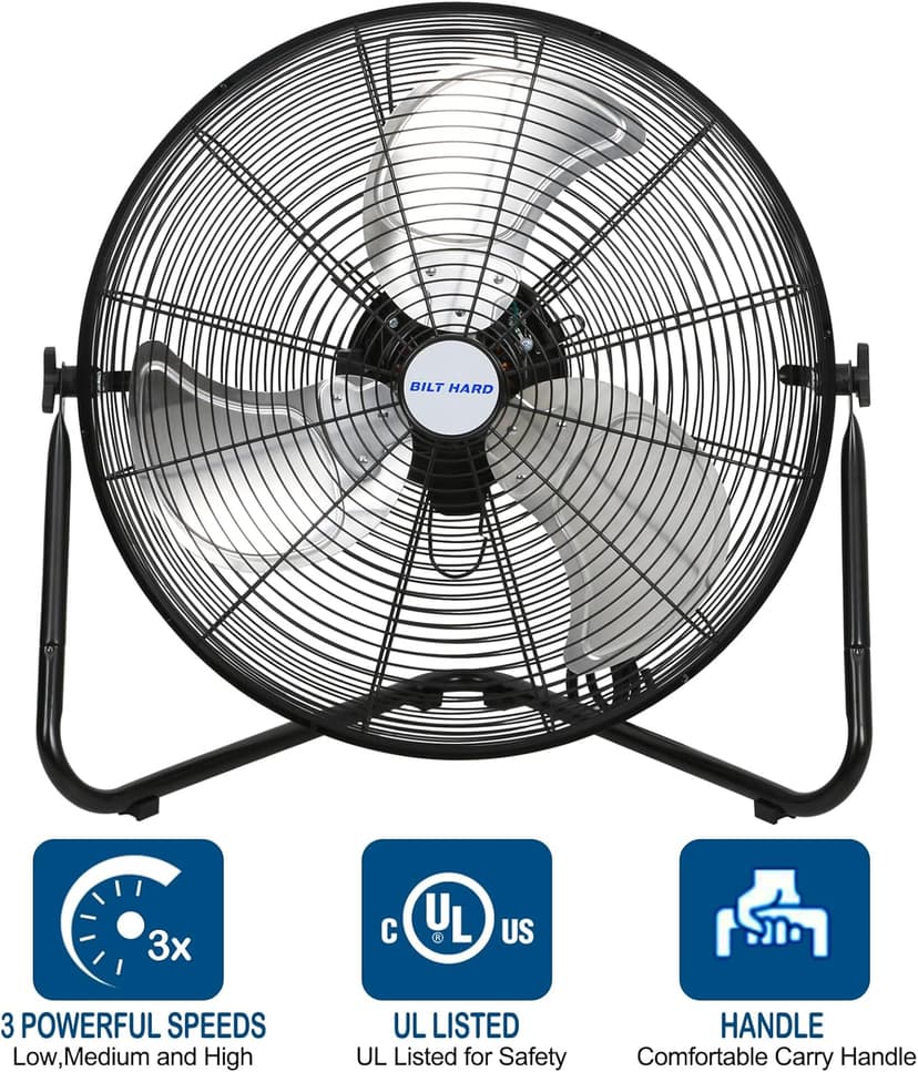 BILT HARD 20" High Velocity Floor Fan, 4600 CFM 3-Speed Industrial Shop Fan with Wall-Mounting System, Heavy Duty Metal Fan for Workshop, Garage and Warehouse
