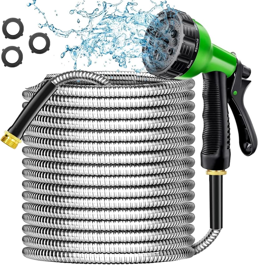 Garden Hose 100 ft - Stainless Steel Water Hose 100ft with 10 Function Nozzle, No Kinks & No Tangles, Flexible, Lightweight, Puncture & Rust Proof Metal Garden Hose for Yard, RV, Garden, Outdoor