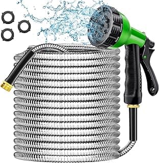 Garden Hose 100 ft - Stainless Steel Water Hose 100ft with 10 Function Nozzle, No Kinks & No Tangles, Flexible, Lightweight, Puncture & Rust Proof Metal Garden Hose for Yard, RV, Garden, Outdoor