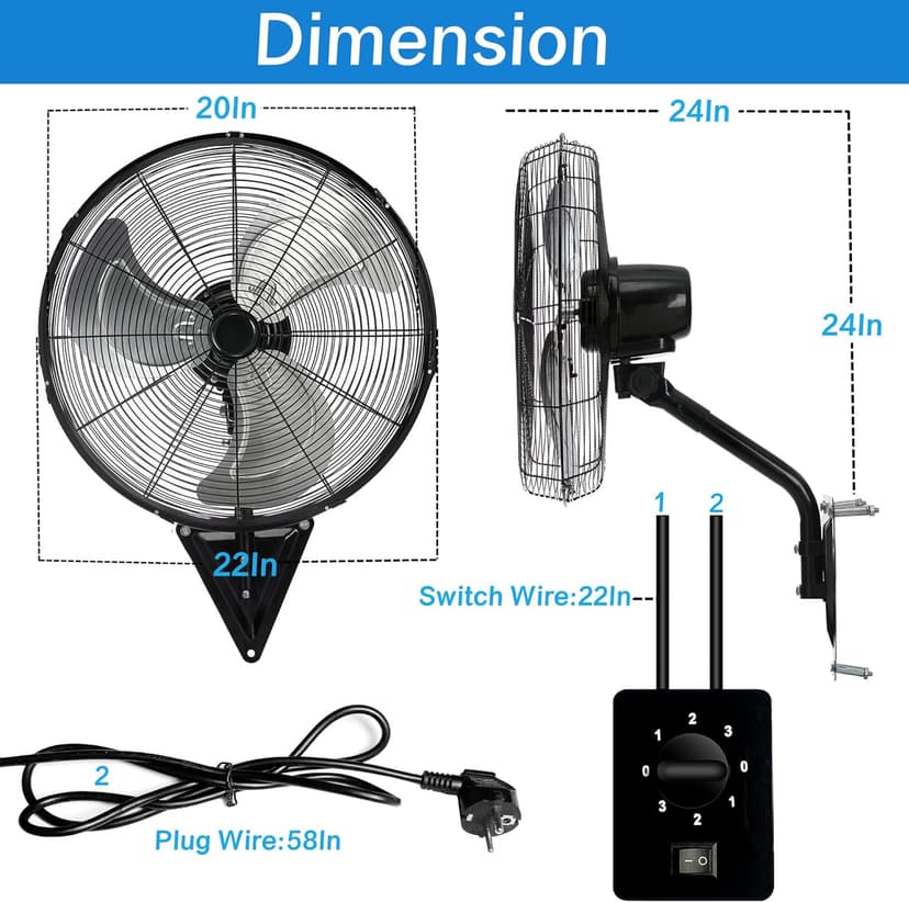 20” Wall Mount Fan 7000 CFM High Velocity Wall Industrial Fan 120° Oscillating Fans 3-Speed for Household, Commercial Use - ETL Listed, Black