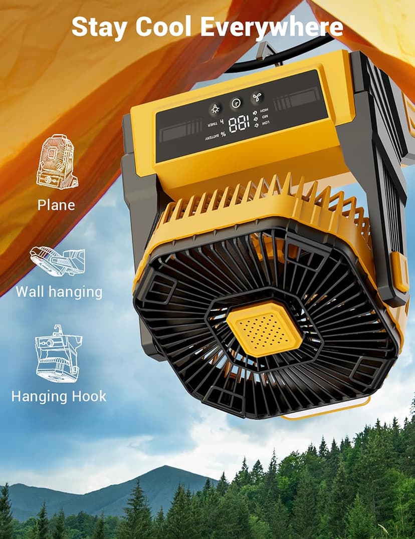 KopBeau Portable Camping Fan with Lights, 20000mAh Rechargeable Battery Operated Fan, Battery Powered Outdoor Beach Tent with 3 Speeds & Hook, Personal USB Table for Camping Accessories