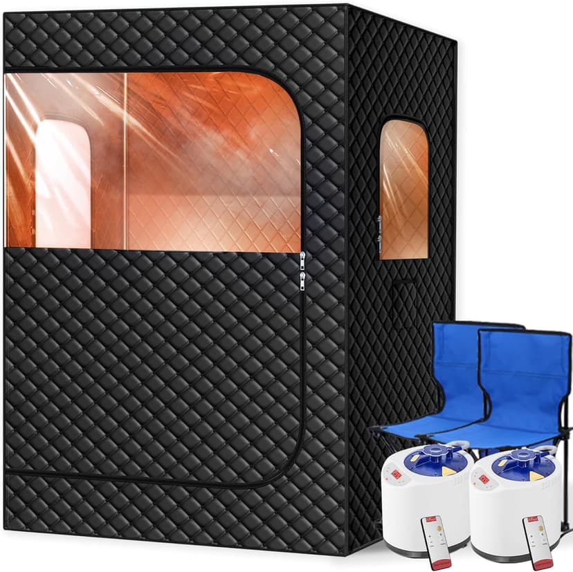 2 Person Portable Steam Sauna for Home, Extra Large Sauna Box, Upgraded 2 Steamer, 2 Foldable Chair & Remote Control