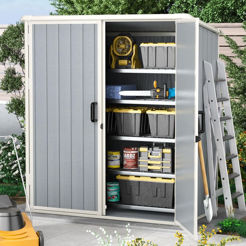 Aoxun Outdoor Storage Shed 5 x 3FT, Resin Shed with Floor and Lockable Door, Plastic Shed for Bike, Garbage Can, Tool, Accessories, Lawn, Garden - Grey