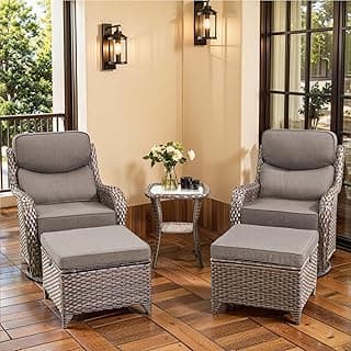 Luxury Outdoor Furniture Set with Swivel Chairs, High Back Swivel Patio Chairs with Ottoman, Side Table & 6-Inch Thick Cushions, Wicker Swivel Chairs Set for Porch, Yard, Deck, Poolside, Brown/Grey