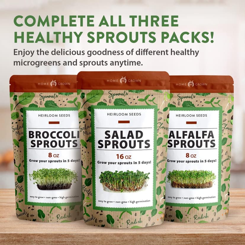 HOME GROWN Microgreens & Sprouts Salad Seeds Mix – 16oz Resealable Mylar Pack – Broccoli, Alfalfa, Radish, Clover – Heirloom 𝗡𝗢𝗡-𝗚𝗠𝗢 Seeds for Healthy Indoor Growing & Juicing