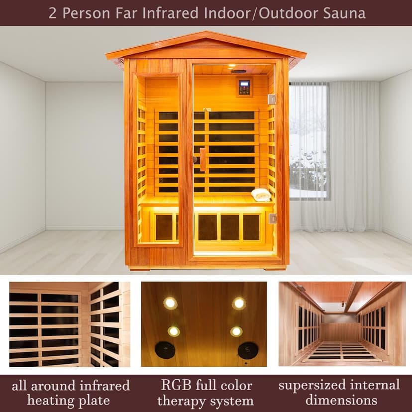 Outdoor Sauna 2 Person Infrared Sauna Far Infrared Saunas for Home 0－5 mg Low EMF Home Sauna Spa Mahogany Wood Sauna Room with Bluetooth Speakers, LED Reading Lamps, Chromotherapy Lights
