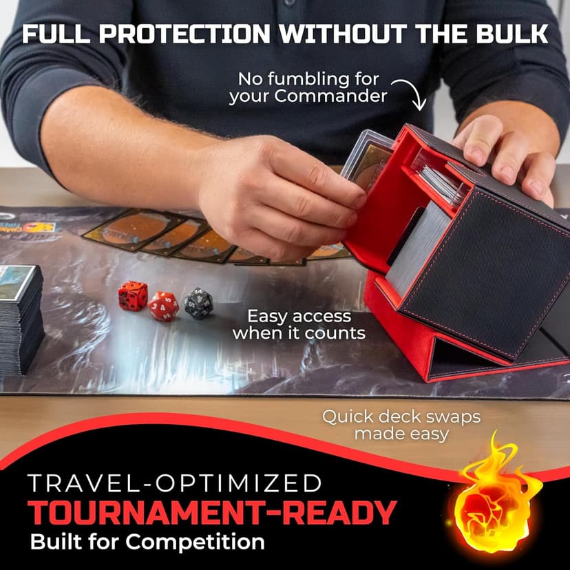 MTG Commander Card Box with Display – Fits 250+ Unsleeved Cards, TCG Storage Case with Dice Tray – Magic the Gathering Card Deck Organizer
