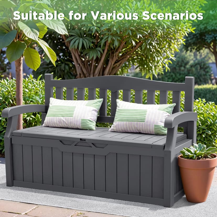 Greesum 80 Gallon Storage Bench Outdoor Deck Box with Armrest, Patio Furniture,Lockable, Waterproof and UV Resistant, Suitable for Garden, Pool, Grey