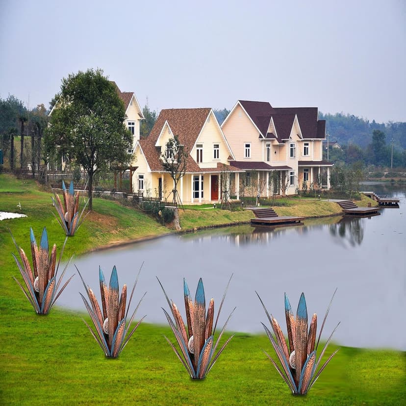 2pcs Tequila Sculpture Metal Agave Plant Home Decor Rustic Hand Painted Figurines Yard Decorations Lawn Ornaments（Multi-Color LED Solar Light ）