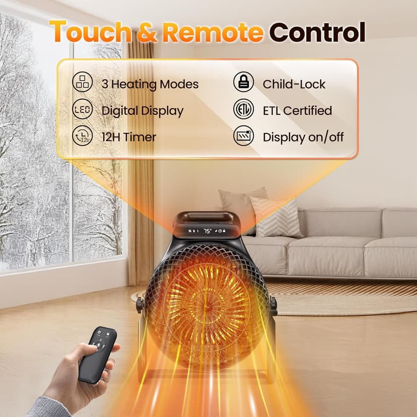 Outdoor Heaters for Patio, 1500W Electric Garage Heater with Remote Thermostat 3S Fast Heating, Overheat Protection, PTC Ceramic Heater with 3 Modes for Greenhouse, Camping Tent Indoor Use