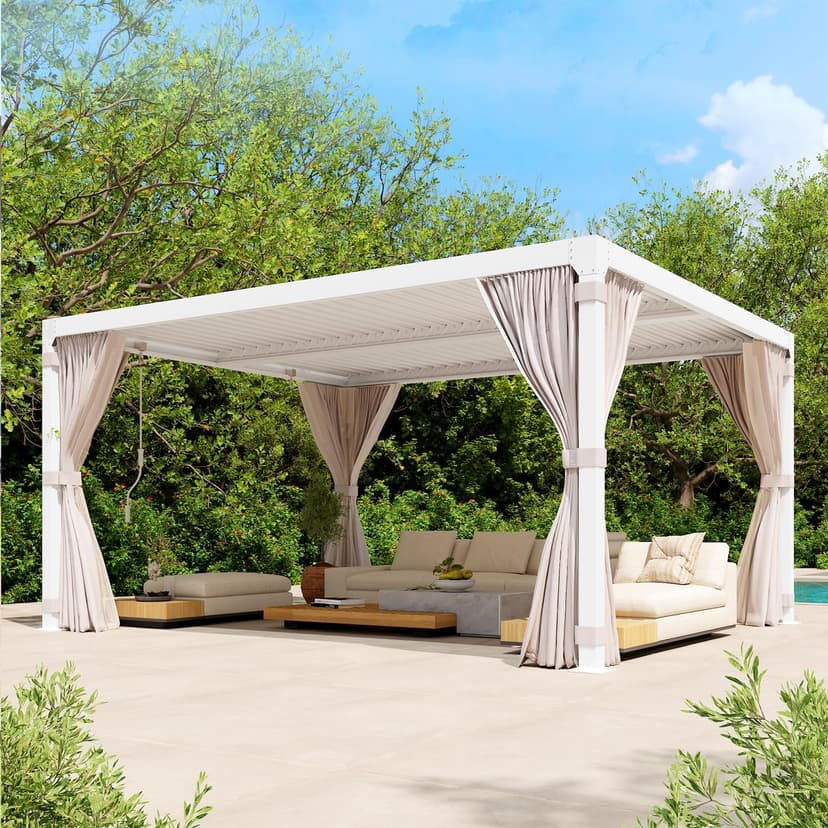 Louvered Pergola 10x12ft, Adjustable Aluminum Pergola with Waterproof Curtains and Nets, Sun & Rain Shade for Patio, Modern DIY Outdoor Living Upgrade, White