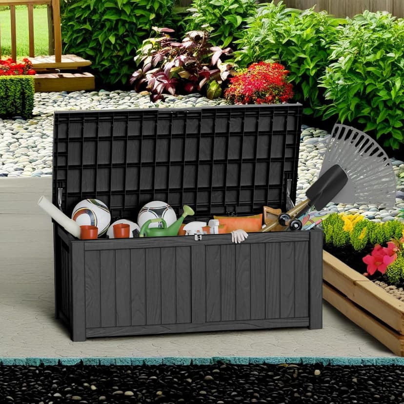 120 Gallon Lockable Resin Deck Box, Waterproof & UV-Resistant Outdoor Storage Box for Outdoor Cushion Storage and Delivery Storage Box, Black