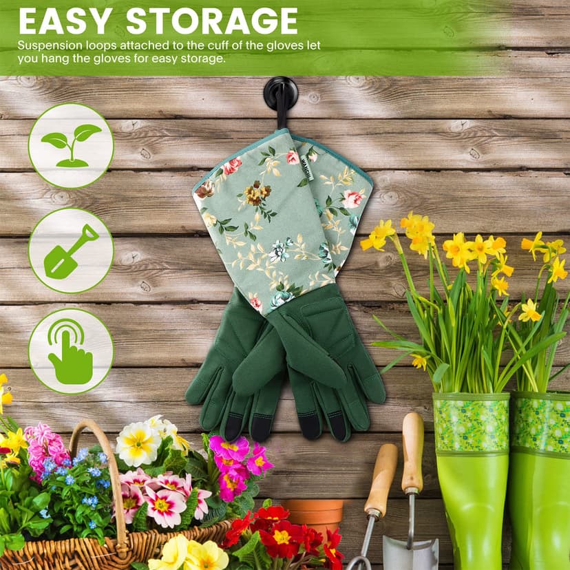 Gardening Gloves, Durable and Comfortable Women's Long Garden Gloves for Gardening Work and Yard Work, Leather Gardening Gloves for Women, Green Print (Medium)