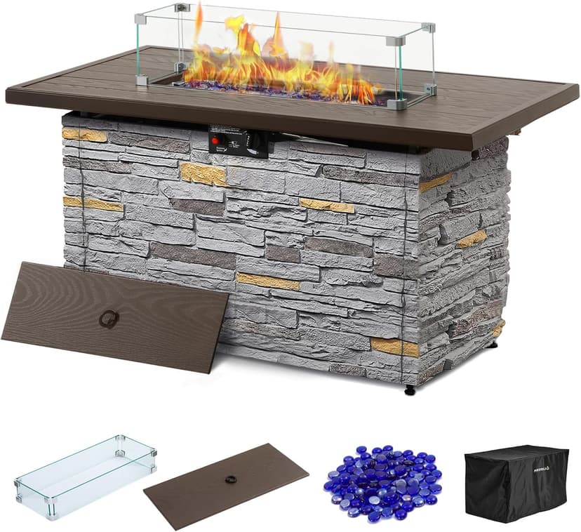 43" Propane Fire Pit Table Outdoor Rectangular Stone Firepit Table 50000 Btu Propane Fire Tables for Outside Patio with Glass Wind Guard, Lid, Fire Glass Beads, Pizzello Caldo (Gray Stone)