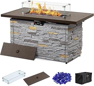 43" Propane Fire Pit Table Outdoor Rectangular Stone Firepit Table 50000 Btu Propane Fire Tables for Outside Patio with Glass Wind Guard, Lid, Fire Glass Beads, Pizzello Caldo (Gray Stone)