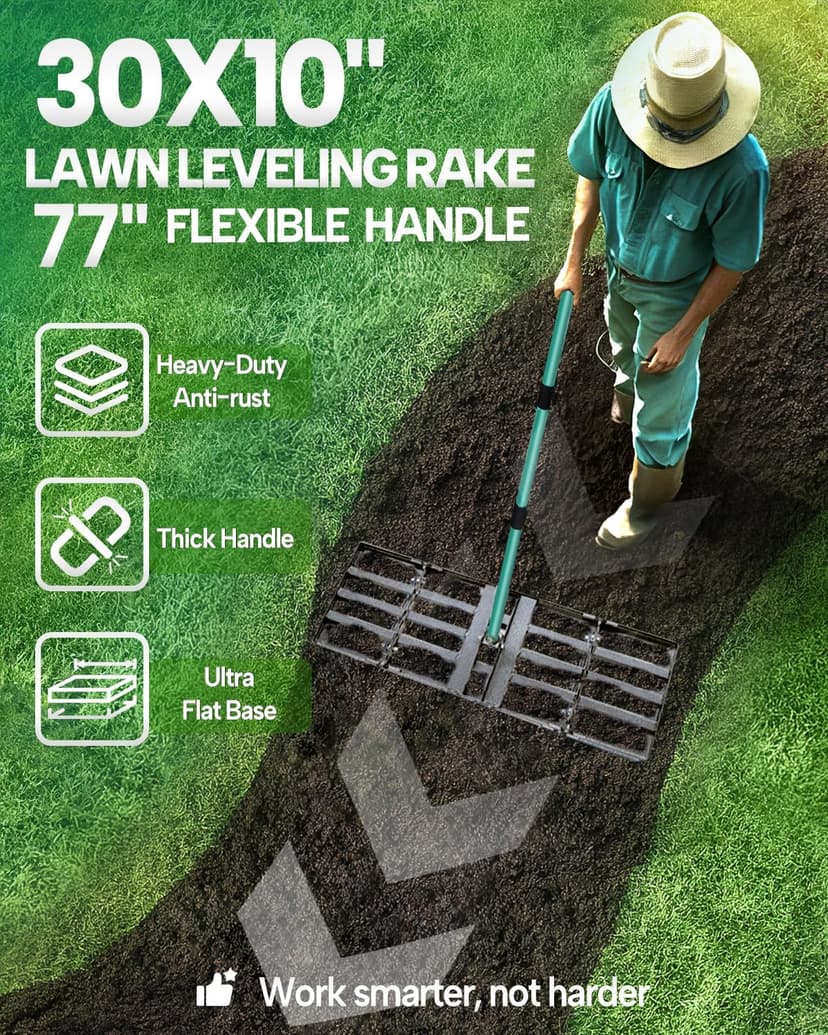Breeze Touch Lawn Leveling Rake 30x10 Weighted & Collapsible Plate, Heavy Duty Yard Leveler Rake with 77" Adjustable Stainless Steel Handle, Lawn Tools for Gardening, Golf Course, Farm, Pasture