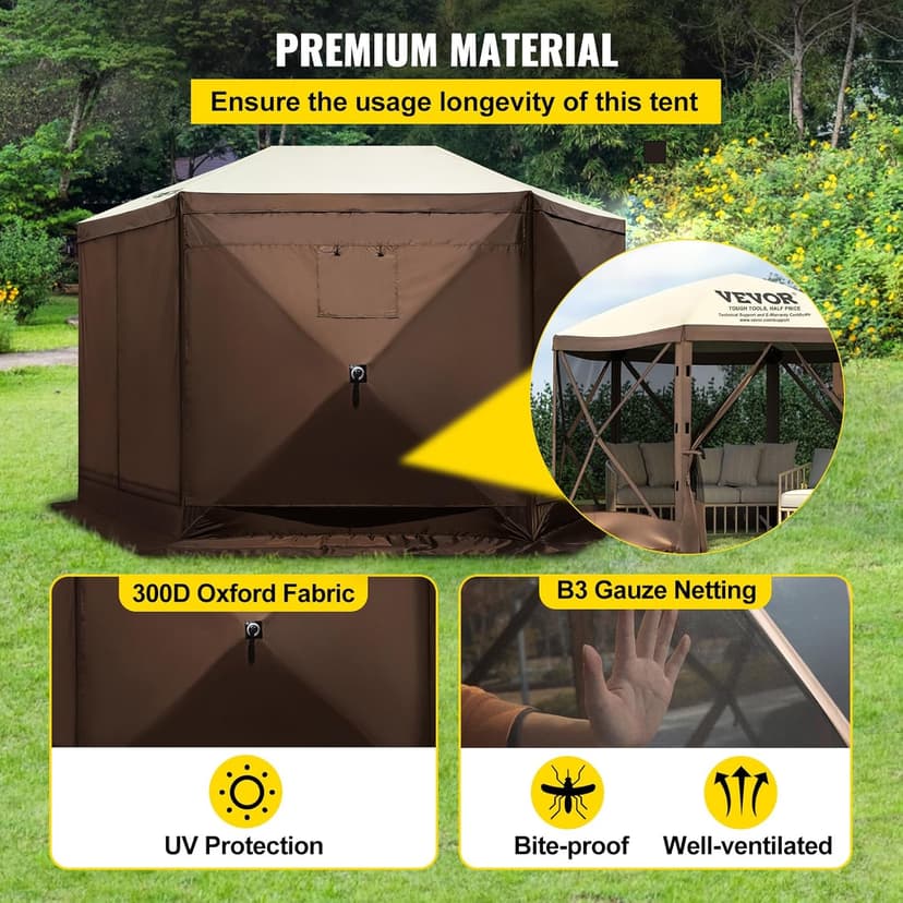 VEVOR Pop Up Gazebo Screen Tent, Pop-Up Instant Gazebo Tent with Mosquito Netting Outdoor Canopy, 6 Sided Sun Shelter 10x10ft with 6 Removable Wind Cloths & 2 Mesh Windows, Pavilion Tent for Patio